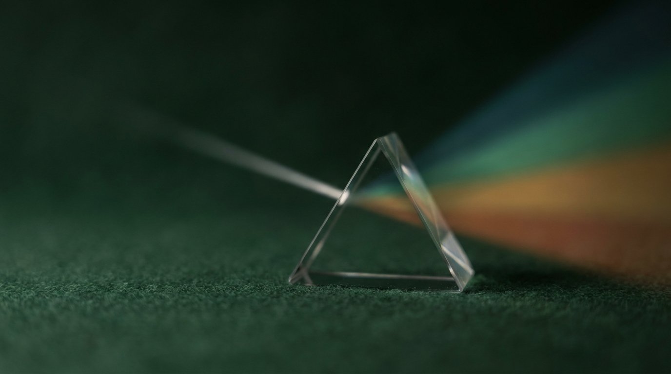 A glass prism on a deep green surface separating one beam of white light into an ordered spectrum